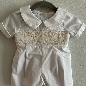 Pleats and Stitches White Baby Smocked Romper with Cream Cross Embroidery